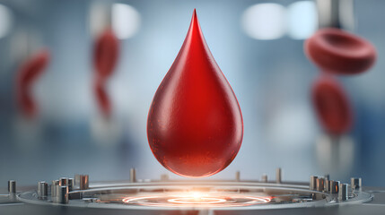 A blood drop levitates over a futuristic, glowing electronic circuit board.