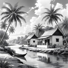 Tropical village with palm trees and a canoe
