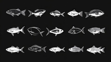 Naklejka premium 61.A creative set of fish icons designed in various artistic styles, from line drawings to solid silhouettes, set against black and white backgrounds to create an eye-catching collection of
