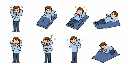 Man feeling tired in various sleeping positions