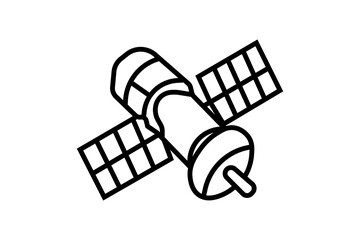The image shows an isometric line illustration of a satellite equipped with two rectangular solar panels and a cylindrical body.