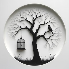 A bird perched on a tree branch next to an empty birdcage