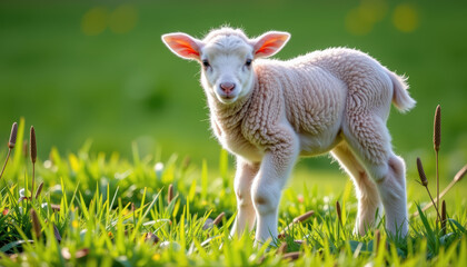 Obraz premium Newborn lamb with fluffy wool stands in a green grass field under spring sunlight, a peaceful rural nature scene.