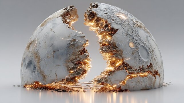 Shattered moon revealing internal light, symbolizing disruption and cosmic change with a broken