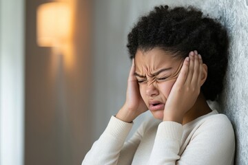 Weary person with tinnitus expression leaning against wall in urban environment emotional struggle auditory distress