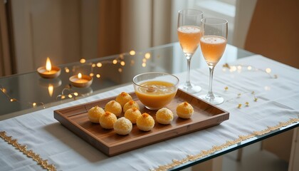 Festive table setting with laddu, champagne, and candles