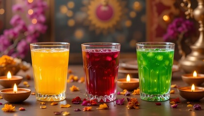 Colorful indian drinks with diyas and floral decoration