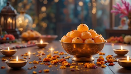Bowl of sweet laddu with diyas and marigold flower decoration