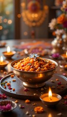 Bowl of indian sweet delicacy with nuts and flower garnish