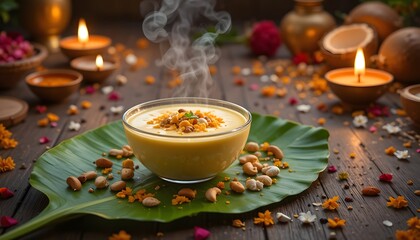 Steaming bowl of indian dessert with nuts and spices