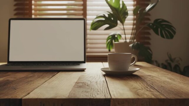 Hybrid Work Natural Wooden Desk with Tropical Plant, Rustic Home Office, No People, 5s Loop