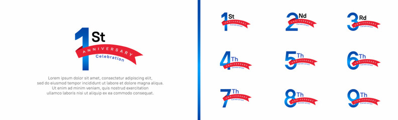 set of anniversary logo style red ribbon. vector design blue color for celebration