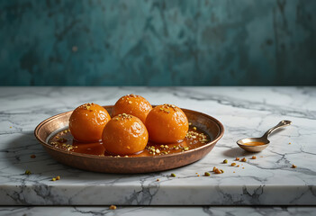 Sweet orange dessert balls on a decorative plate