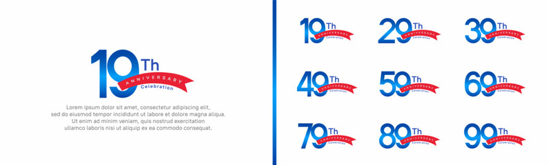 set of anniversary logo style red ribbon. vector design blue color for celebration