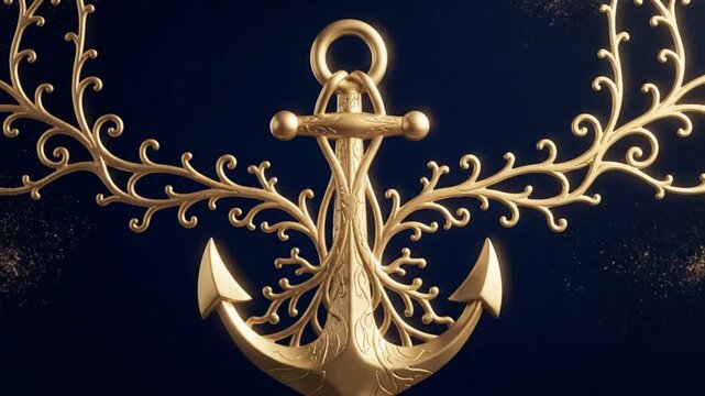 Elegant golden anchor animation on a dark blue background for nautical themes