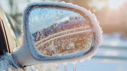 A foam-covered car mirror with soap bubbles dripping down, reflected sunlight adding sparkle, close-up detail shot.