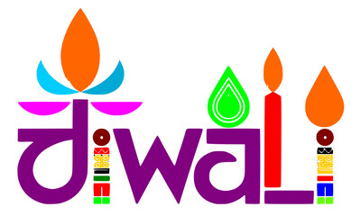 Happy Diwali Festival Typography Design with Stylized Diya Lamps and Flames | Vector Greeting Card Banner
