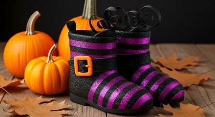 Halloween witch boots pumpkins fall leaves autumn décor seasonal display with ai generated