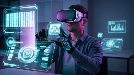 Man interacting with virtual reality data interface using headset and gloves - Powered by Adobe