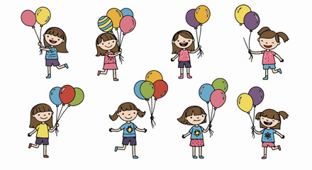 Happy girls holding balloons, colorful celebration