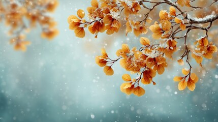 The delicate art of seasons: autumn's finale under a blanket of snow. Luxury apparel. Nature's transition: leaves draped in snow with a soft, light blue backdrop. Designer fashion.