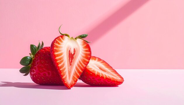 Bright pink background showcases fresh strawberries sliced open, revealing vibrant juicy interior, sweet summer treat