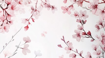 Fototapeta premium 8.A beautiful watercolor sakura wreath with cherry blossom branches curving gently into a circle, delicate pink flowers and light green leaves, evoking the peaceful essence of spring on a clean white