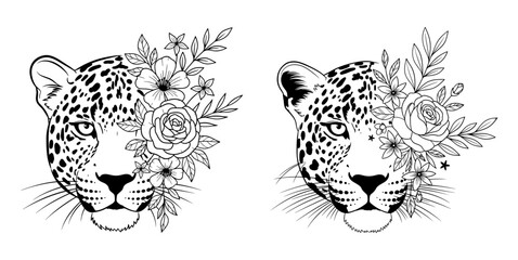 Vector art of two leopard heads adorned with delicate floral arrangements, creating a captivating and elegant design © FrajanaAI