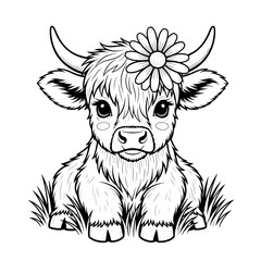 Vector art of adorable highland calf with a daisy on its head, a charming black and white line art illustration