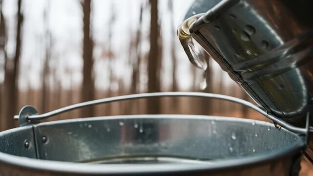 Maple sap harvest with metal buckets in forest traditional syrup production