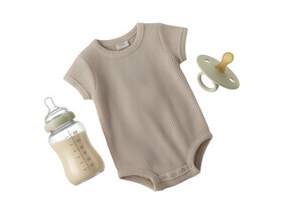 Neutral beige ribbed cotton baby bodysuit, feeding bottle with milk, and pacifier for newborn care isolated on transparent background