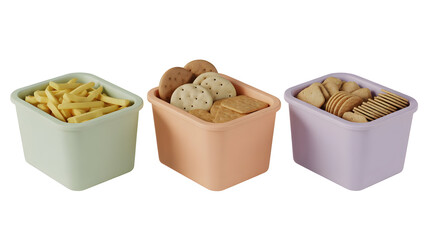 Three colorful plastic storage tubs holding various crunchy snack foods including french fries and assorted biscuits isolated on transparent background