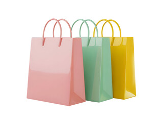 Three glossy 3D shopping bags in pastel pink, mint green, and golden yellow colors for retail and commerce isolated on transparent background