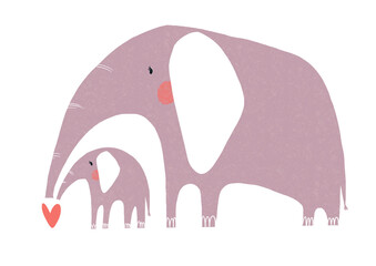 Mother elephant and baby with heart – illustration of maternal love