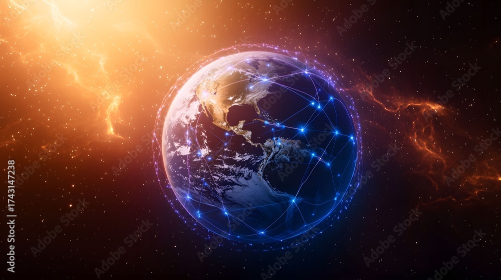 Sticker the image shows earth in space, surrounded by a network of blue lines and points, set against a back