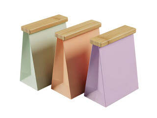 Three minimalist pastel food storage containers with wooden bamboo sealing clips isolated on transparent background
