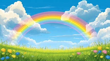 Colorful rainbow over dark stormy sky in peaceful countryside landscape