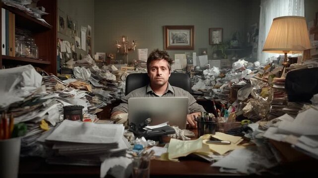 Overwhelmed in the Chaos: A man sits amidst an avalanche of documents and clutter, absorbed in the daunting task ahead, epitomizing the struggle of information overload.