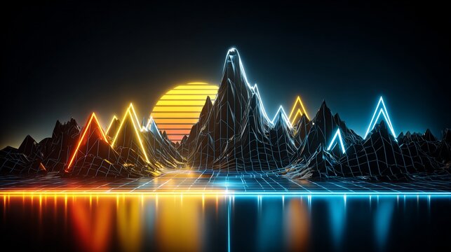 Synthwave landscape with neon mountains and a retro sun providing a vibrant scene