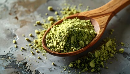 Scoop fresh hemp protein powder with a wooden spoon on a rough surface for a healthy drink recipe and a healthy lifestyle.