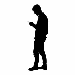 Silhouette of a man using a smartphone while crossing the road isolated on white background