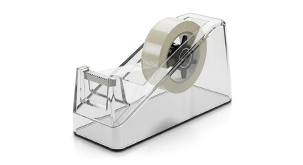 Clear tape dispenser with a roll of translucent adhesive tape displayed on a pristine white background