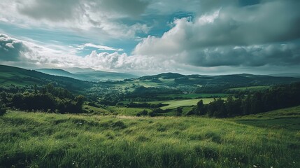 Obraz premium Scenic green landscape under cloudy sky with peaceful nature view