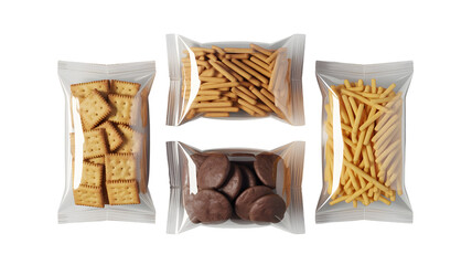 Variety pack of four clear plastic snack bags filled with crackers, savory sticks, and chocolate biscuits isolated on transparent background