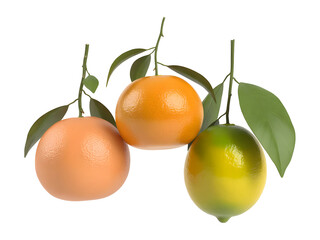 Vibrant 3D rendering of various citrus fruits including orange, grapefruit, and lime isolated on transparent background