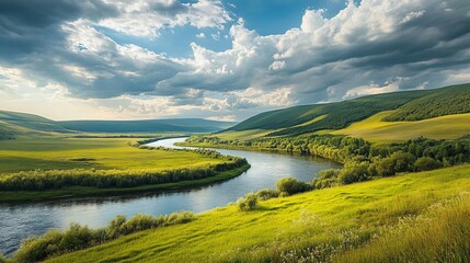 Fototapeta premium Peaceful green landscape by river under cloudy sky scenic nature view