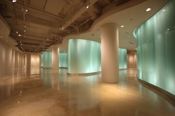 A spacious, modern hallway with softly lit, curved walls of translucent teal glass, creating a serene and airy atmosphere.