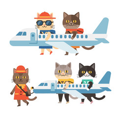 Fototapeta premium Cute cartoon cats dressed in various outfits, some as passengers and others as crew, interacting with small airplanes, depicting a whimsical travel theme.
