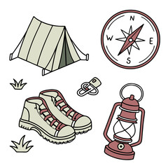 A collection of hand drawn outdoor adventure icons including a tent hiking boots a compass a lantern and grass perfect for camping and travel themes © dog