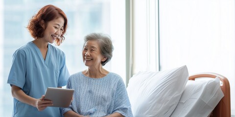 Fototapeta premium Caregiver in medical scrubs,stand beside senior patient sitting on hospital bed,copy space,banner.